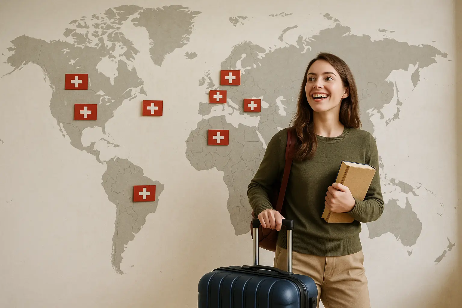 девушка с чемоданом у карты мира