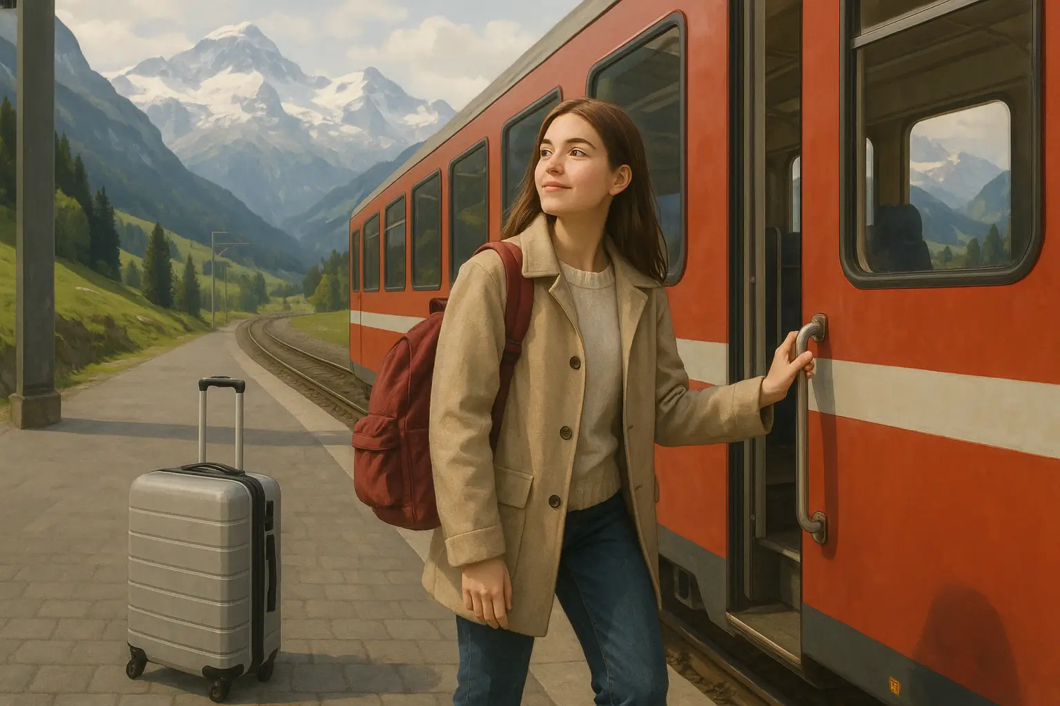 девушка садится в поезд с чемоданом