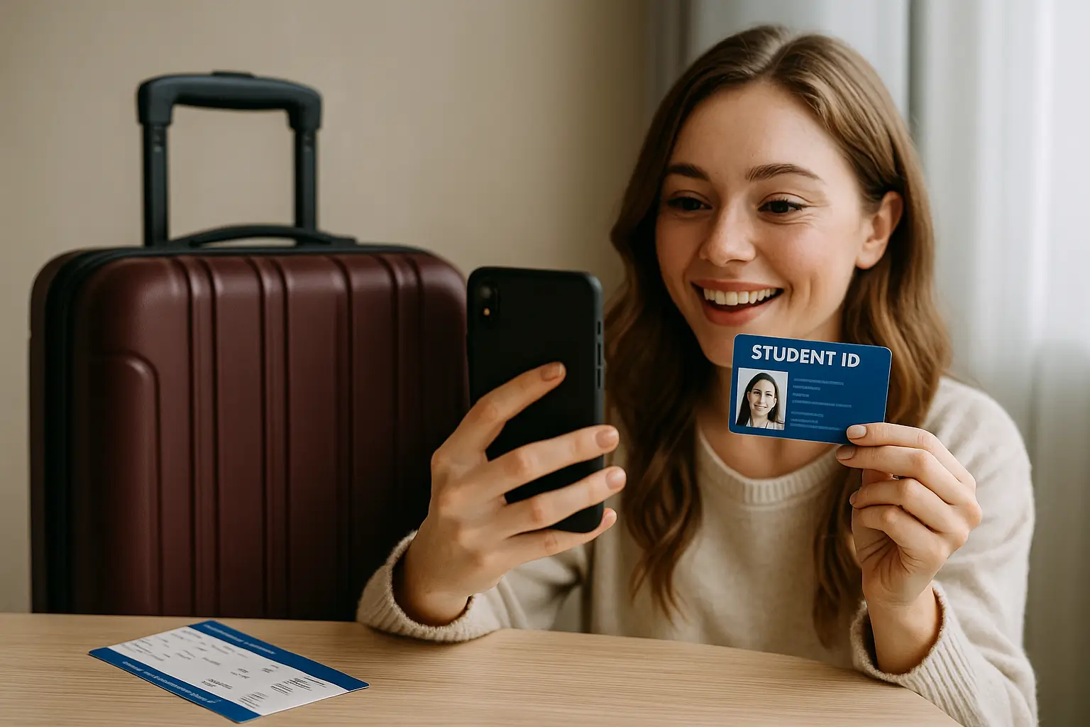студентка фотографирует студенческий билет