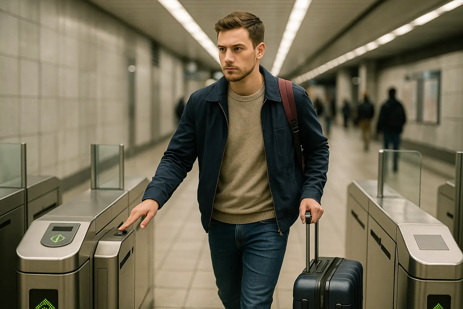 студент с чемоданом проходит в метро